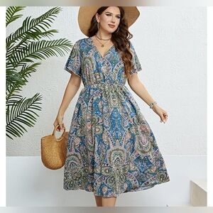 Blue Paisley Midi Dress with Tie Waist